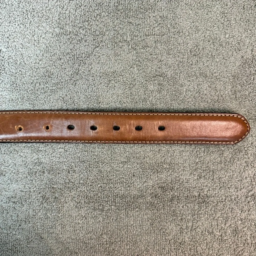 Fossil Mens Brown Leather Belt Size 44 MB1255 200 Contrast Stitch Silver Buckle